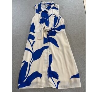 Nine West Shirt Dress Women Small Blue White Excellent‎ Floral Tie Waist Lined